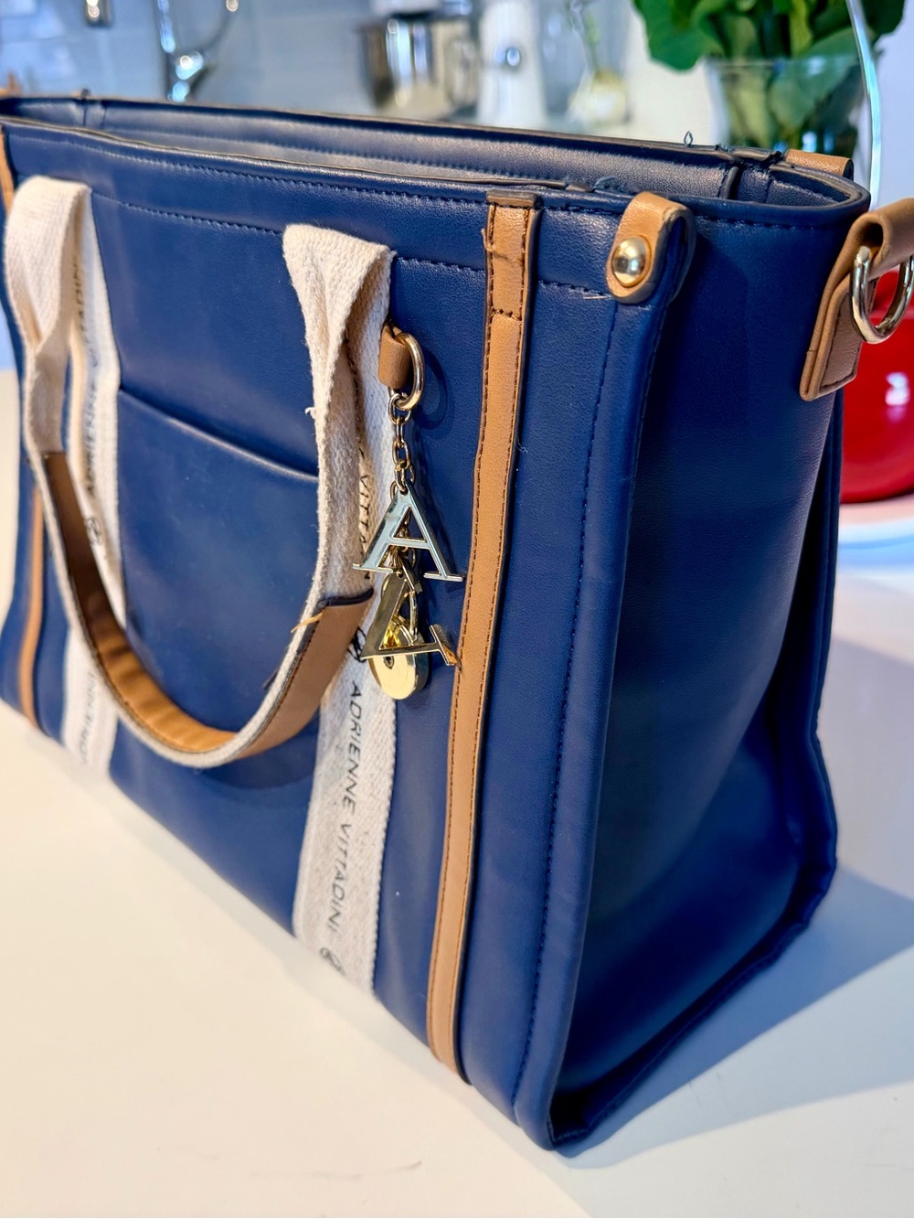 Adrienne Vittadini Navy Tote with Tan Trim and White Straps